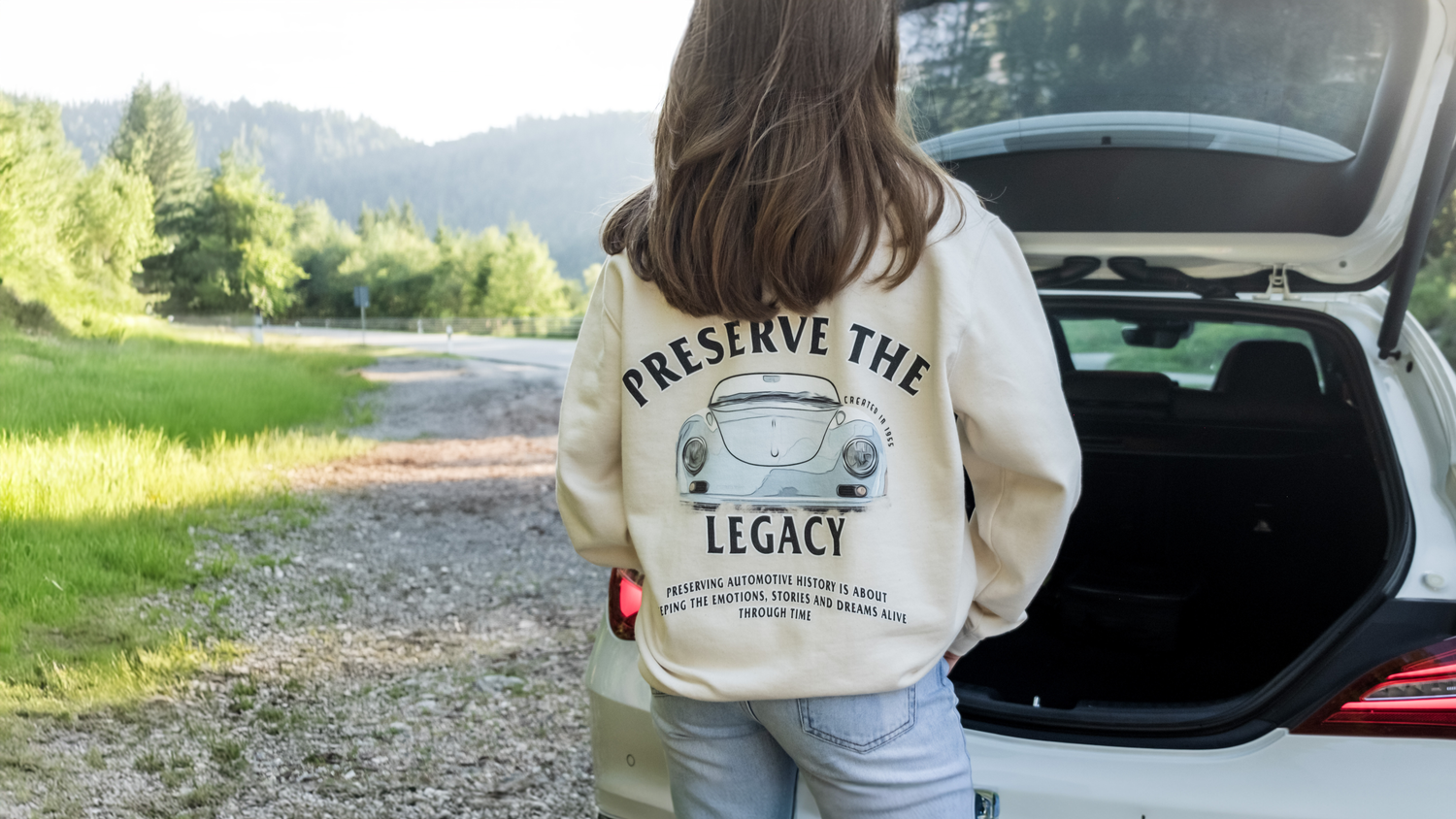 Back of preserve the legacy porsche design 356 sweatshirt raw color